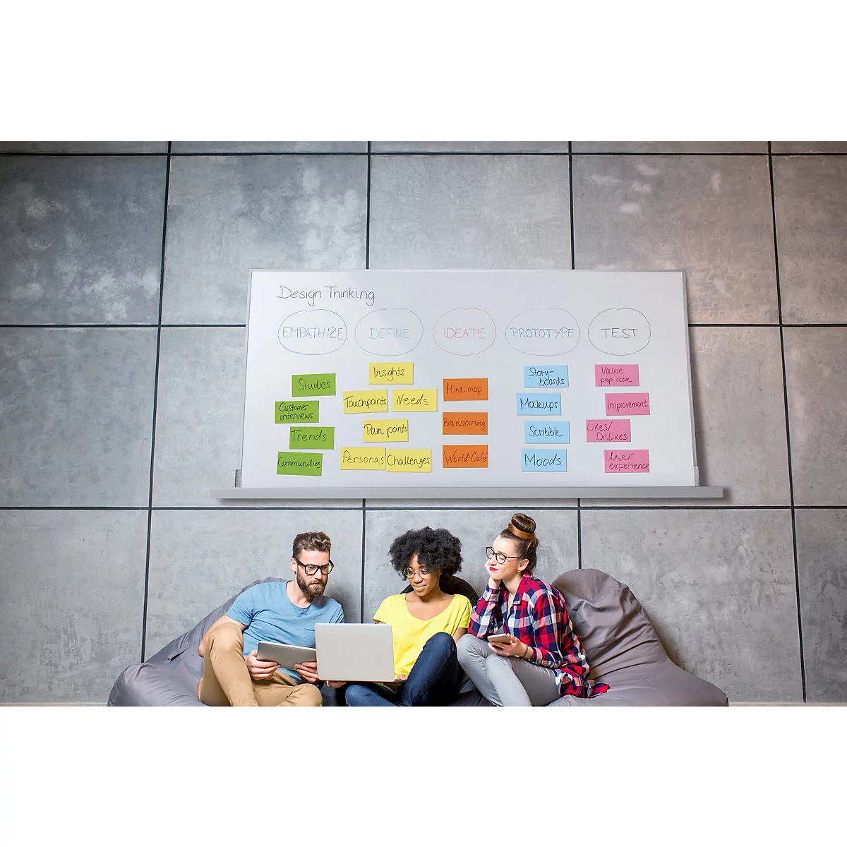 Drei Personen sitzen auf Sitzsäcken. Im Hintergrund befindet sich ein Whiteboard mit dem Thema Design Thinking.