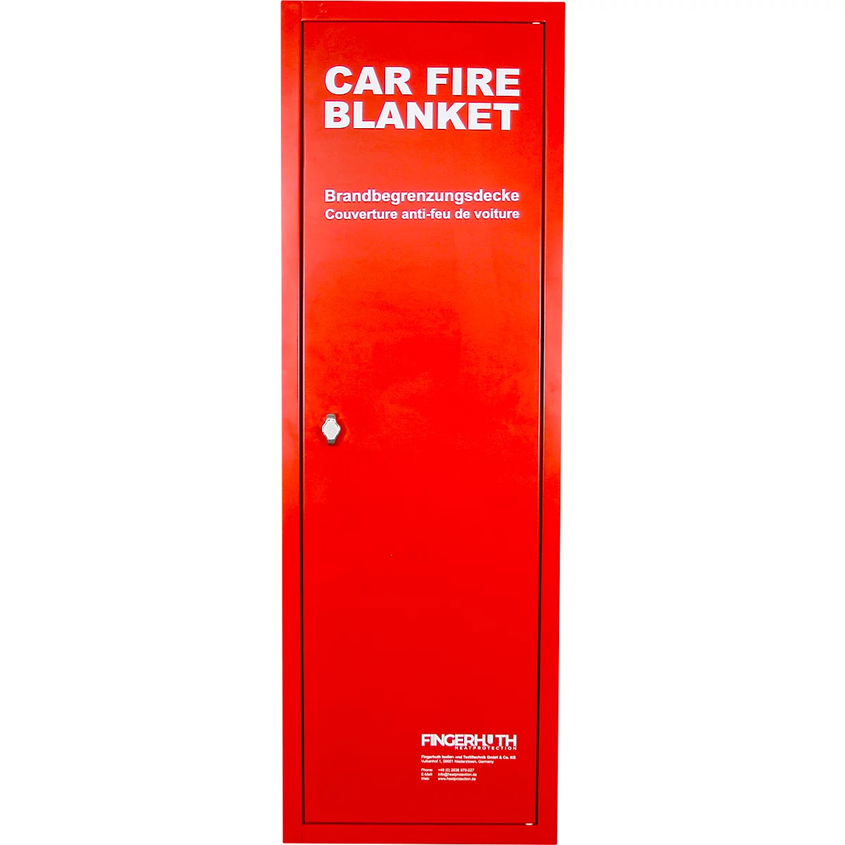 Rote Schranktür mit Aufschrift "CAR FIRE BLANKET". Darunter stehen auf Deutsch und Französisch Informationen. Kleiner Griff.