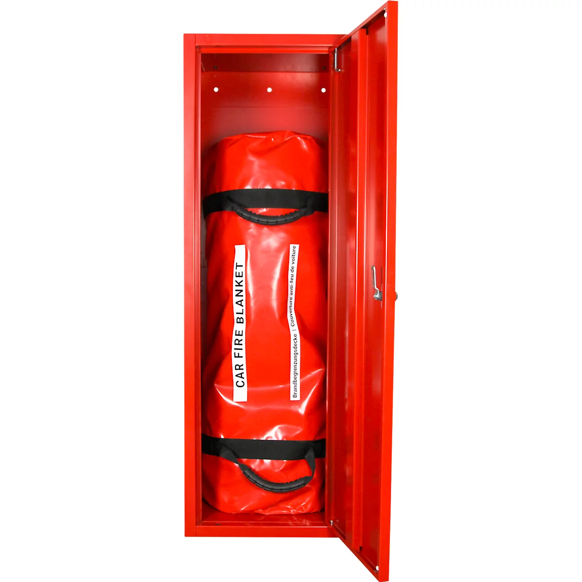 Roter Brandschutzschrank mit offener Tür. Innen liegt eine eingerollte rote Löschdecke mit schwarzem Griff und der Aufschrift "CAR FIRE BLANKET".