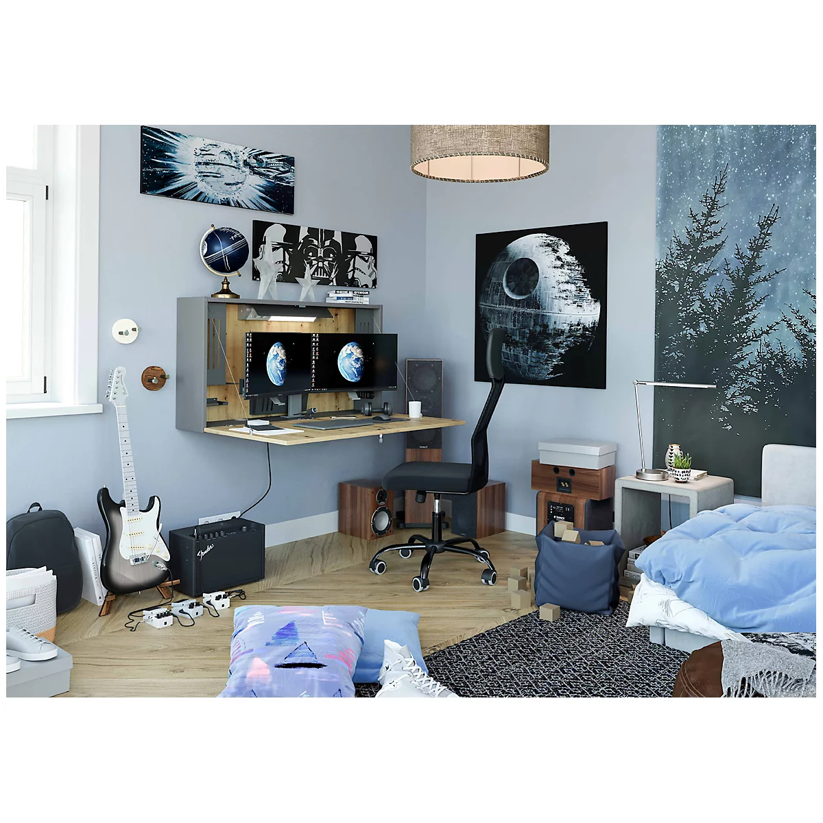 Wandschreibtisch, ideal für das Home Office, ausklappbare Tischplatte, umfangreiche Innenausstattung, B 1200 x T 260 x H 650 mm, graphit/Asteiche