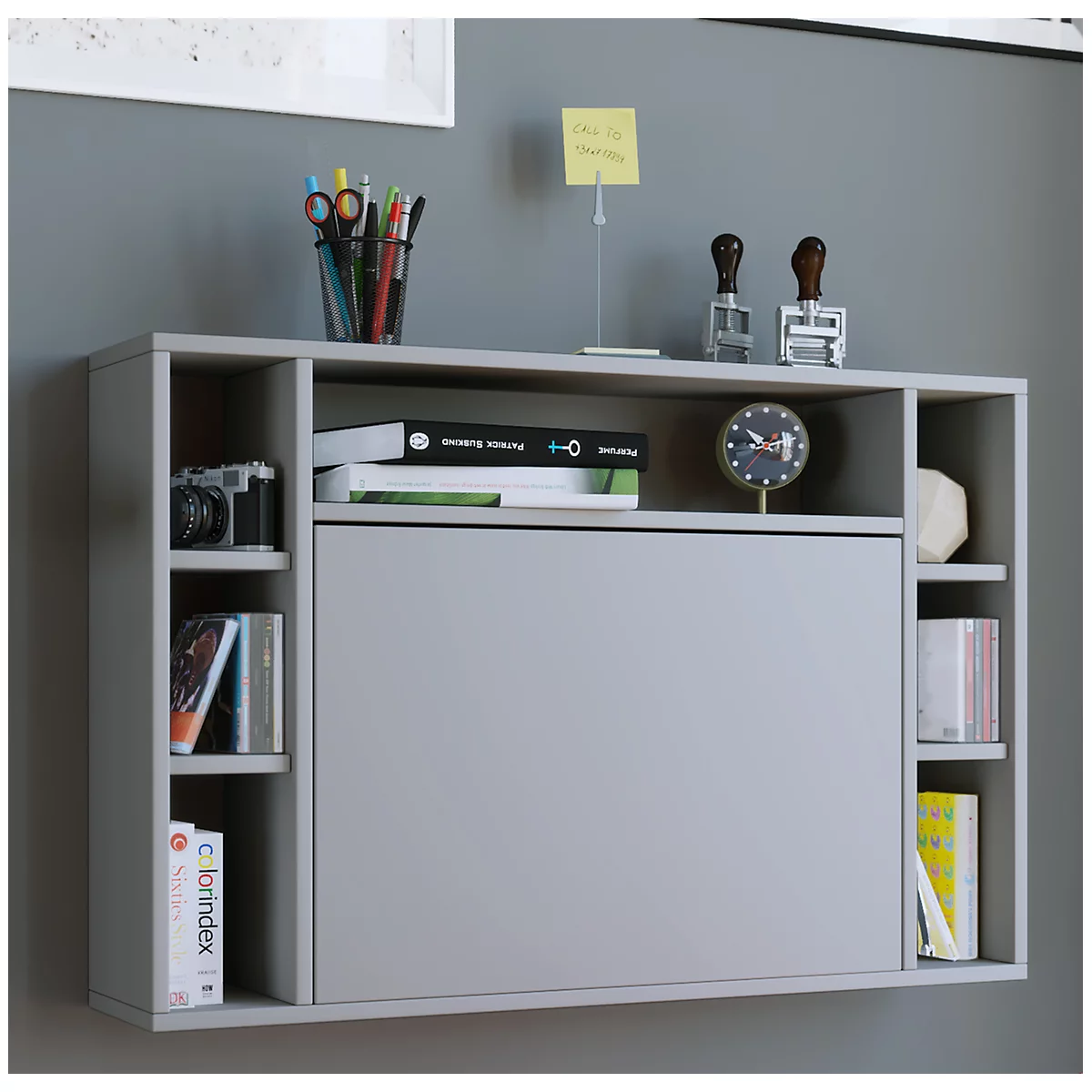 Wandschreibtisch Wandila, ideal für das Home Office, ausklappbare Tischplatte & 7 Fächer, B 900 x T 200/670 x H 600 mm, Holz, grau
