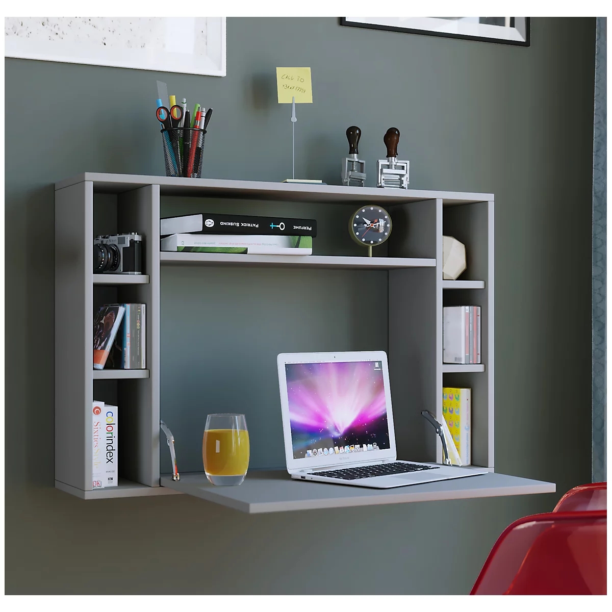 Wandschreibtisch Wandila, ideal für das Home Office, ausklappbare Tischplatte & 7 Fächer, B 900 x T 200/670 x H 600 mm, Holz, grau