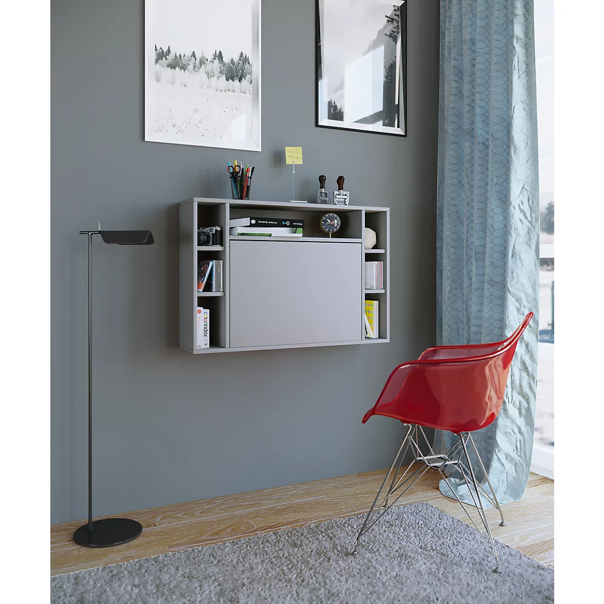 Wandschreibtisch Wandila, ideal für das Home Office, ausklappbare Tischplatte & 7 Fächer, B 900 x T 200/670 x H 600 mm, Holz, grau