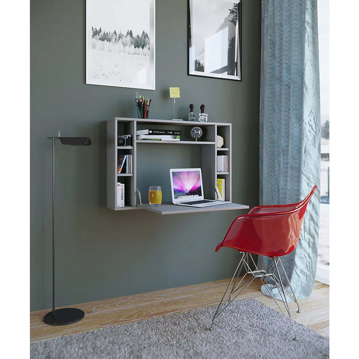 Wandschreibtisch Wandila, ideal für das Home Office, ausklappbare Tischplatte & 7 Fächer, B 900 x T 200/670 x H 600 mm, Holz, grau