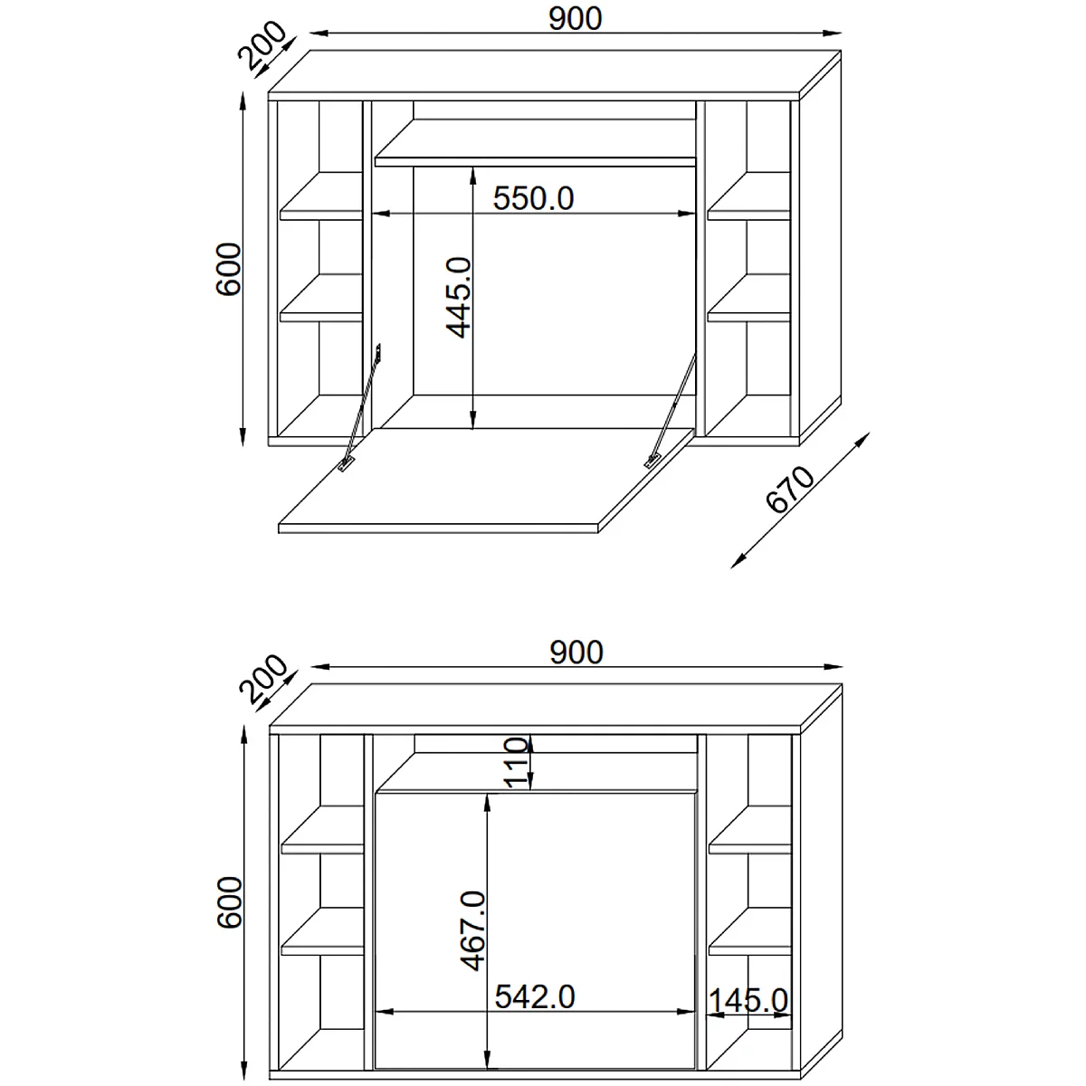 Wandschreibtisch Wandila, ideal für das Home Office, ausklappbare Tischplatte & 7 Fächer, B 900 x T 200/670 x H 600 mm, Holz, grau