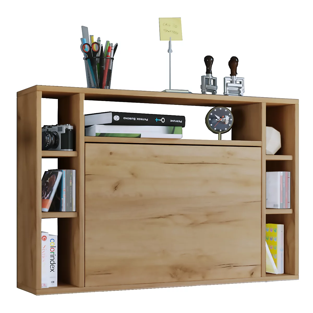 Wandschreibtisch Wandila, ideal für das Home Office, ausklappbare Tischplatte & 7 Fächer, B 900 x T 200/670 x H 600 mm, Holz, Honig-Eiche