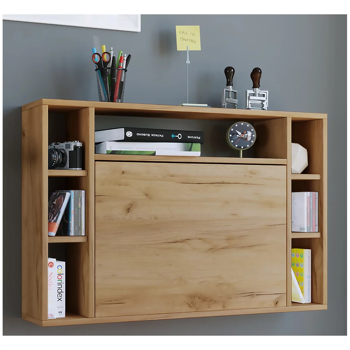 Wandschreibtisch Wandila, ideal für das Home Office, ausklappbare Tischplatte & 7 Fächer, B 900 x T 200/670 x H 600 mm, Holz, Honig-Eiche