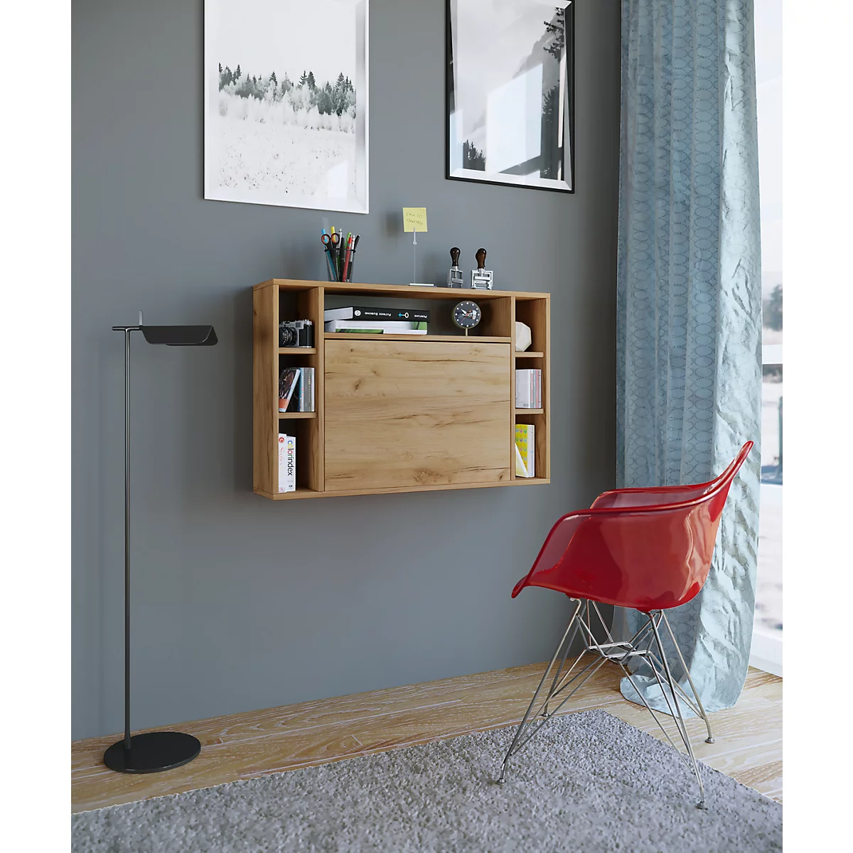 Wandschreibtisch Wandila, ideal für das Home Office, ausklappbare Tischplatte & 7 Fächer, B 900 x T 200/670 x H 600 mm, Holz, Honig-Eiche