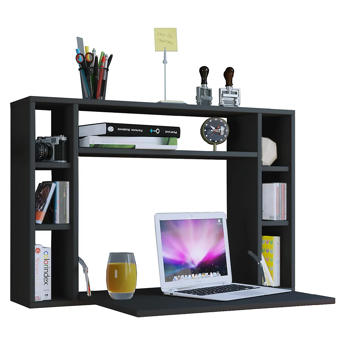 Wandschreibtisch Wandila, ideal für das Home Office, ausklappbare Tischplatte & 7 Fächer, B 900 x T 200/670 x H 600 mm, Holz, schwarz