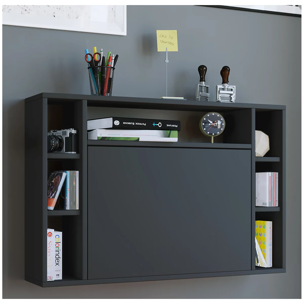 Wandschreibtisch Wandila, ideal für das Home Office, ausklappbare Tischplatte & 7 Fächer, B 900 x T 200/670 x H 600 mm, Holz, schwarz