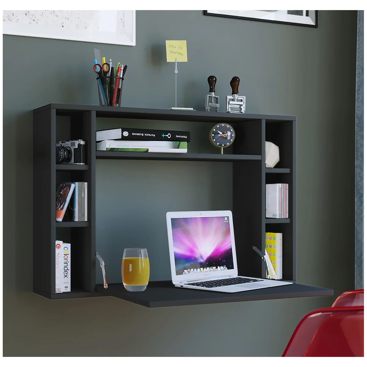 Wandschreibtisch Wandila, ideal für das Home Office, ausklappbare Tischplatte & 7 Fächer, B 900 x T 200/670 x H 600 mm, Holz, schwarz