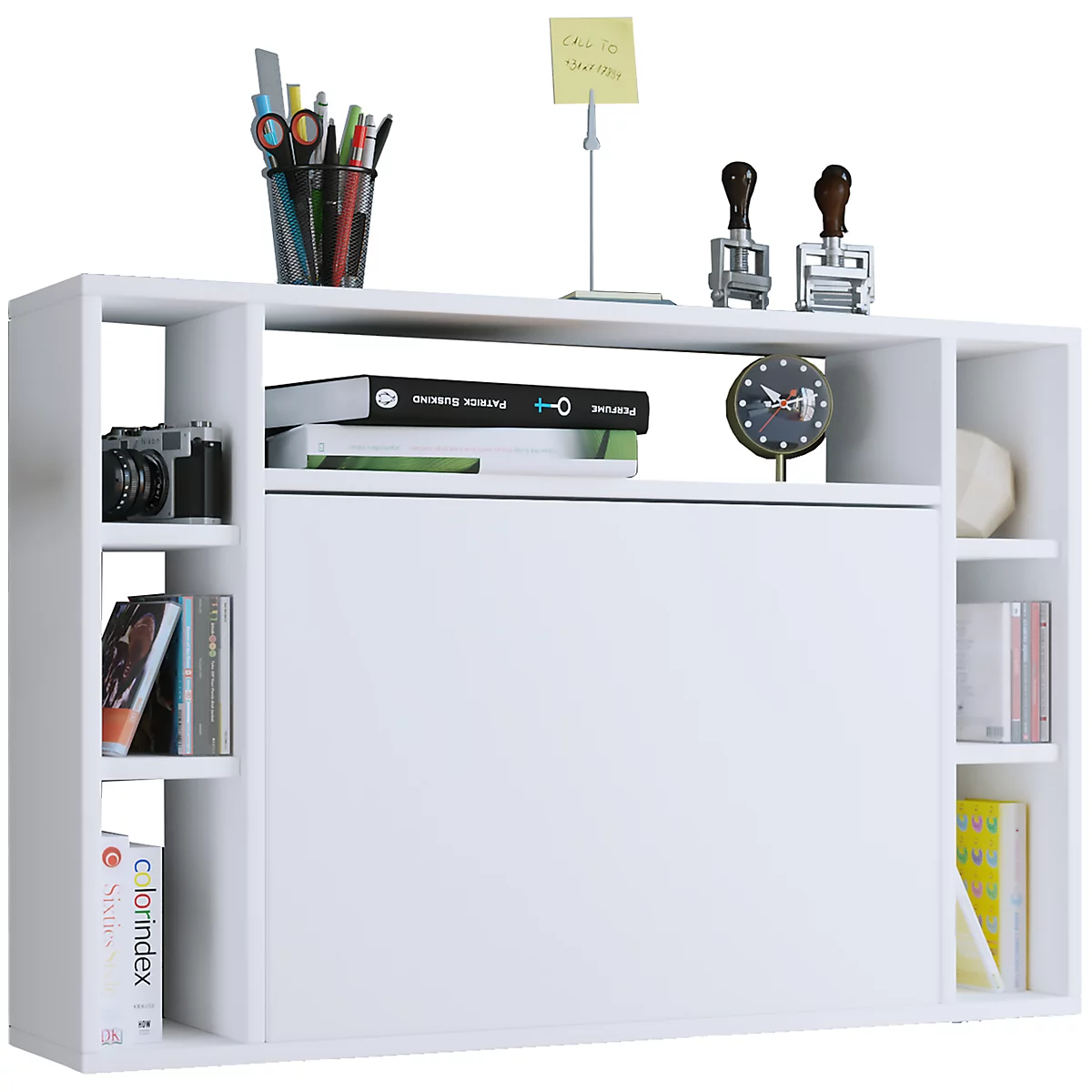Wandschreibtisch Wandila, ideal für das Home Office, ausklappbare Tischplatte & 7 Fächer, B 900 x T 200/670 x H 600 mm, Holz, weiß
