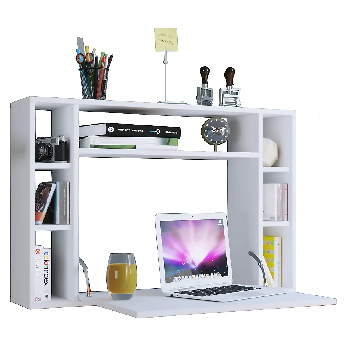 Wandschreibtisch Wandila, ideal für das Home Office, ausklappbare Tischplatte & 7 Fächer, B 900 x T 200/670 x H 600 mm, Holz, weiß