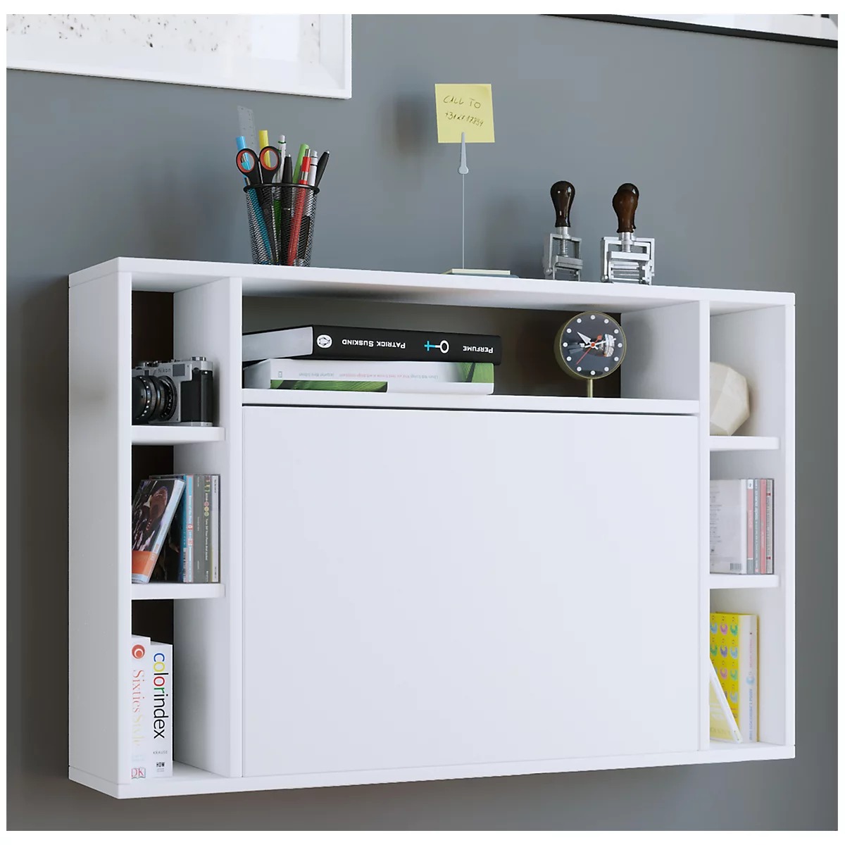 Wandschreibtisch Wandila, ideal für das Home Office, ausklappbare Tischplatte & 7 Fächer, B 900 x T 200/670 x H 600 mm, Holz, weiß