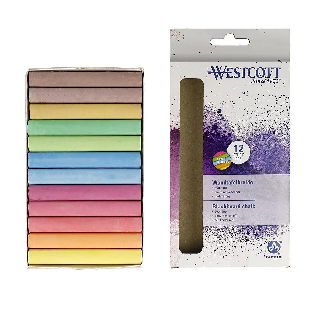Wandtafelkreide Westcott, mehrfarbig, staubarm, leicht abwaschbar, 12 x 84 mm, 12 Stück