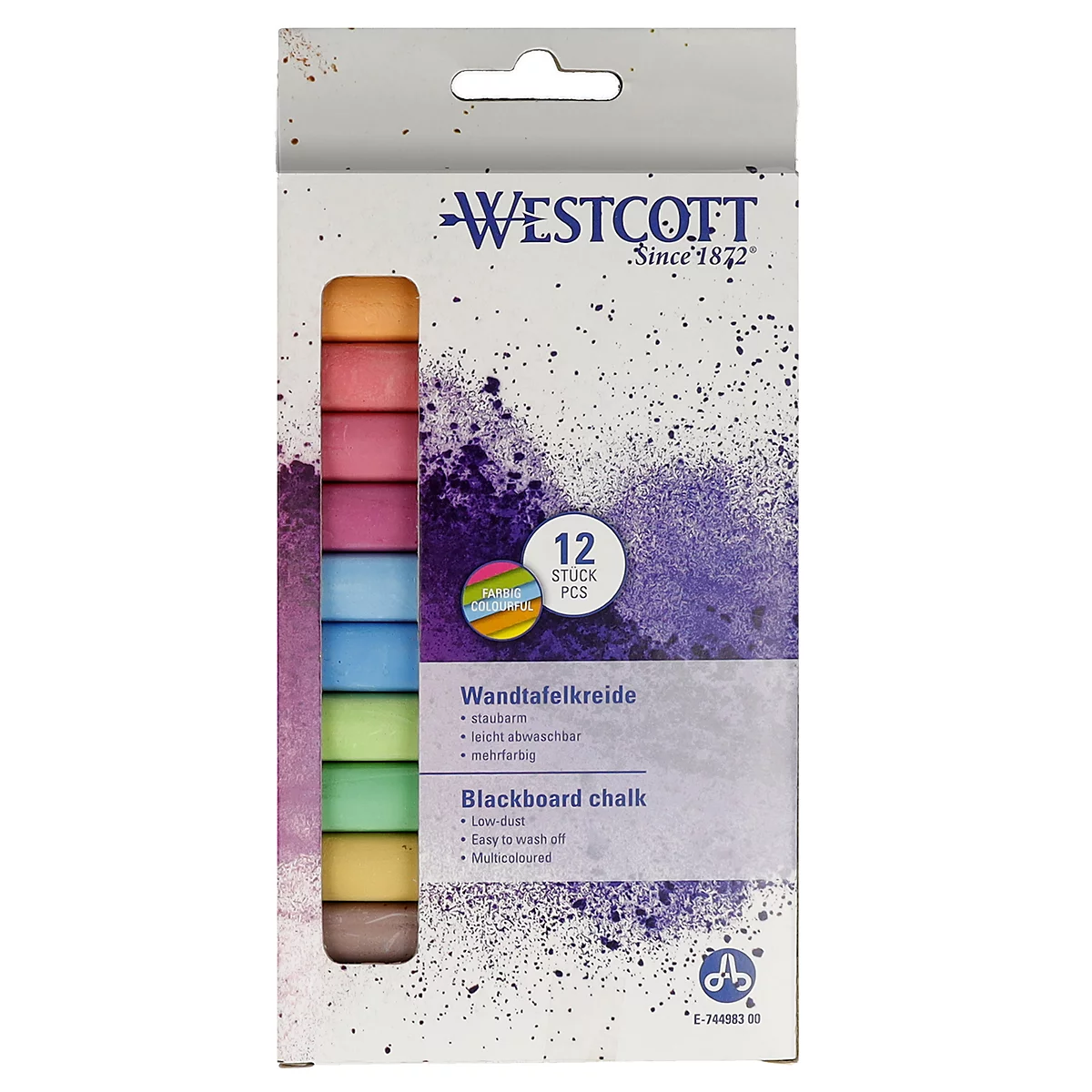 Wandtafelkreide Westcott, mehrfarbig, staubarm, leicht abwaschbar, 12 x 84 mm, 12 Stück