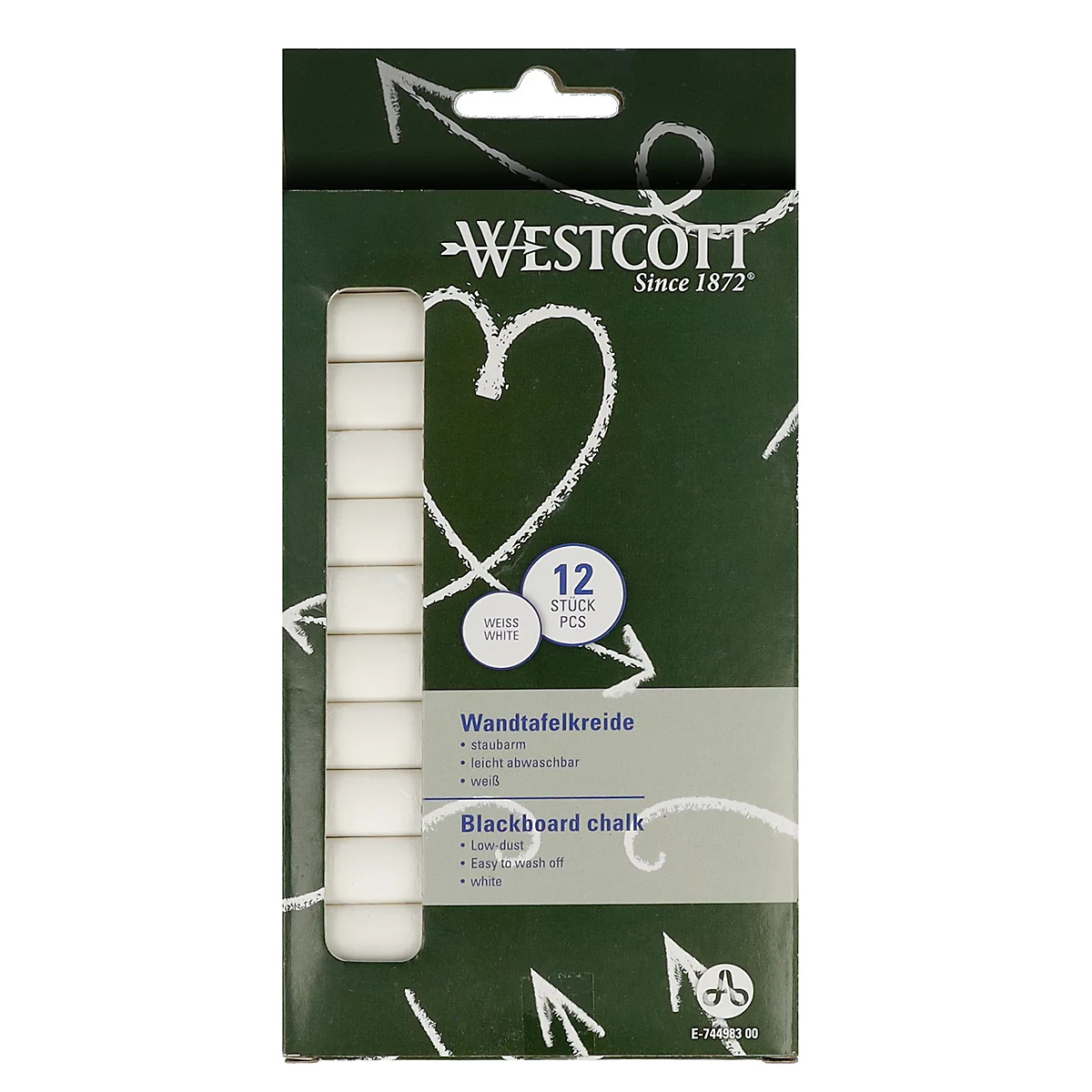 Wandtafelkreide Westcott, weiß, staubarm, leicht abwaschbar, 12 x 84 mm, 12 Stück