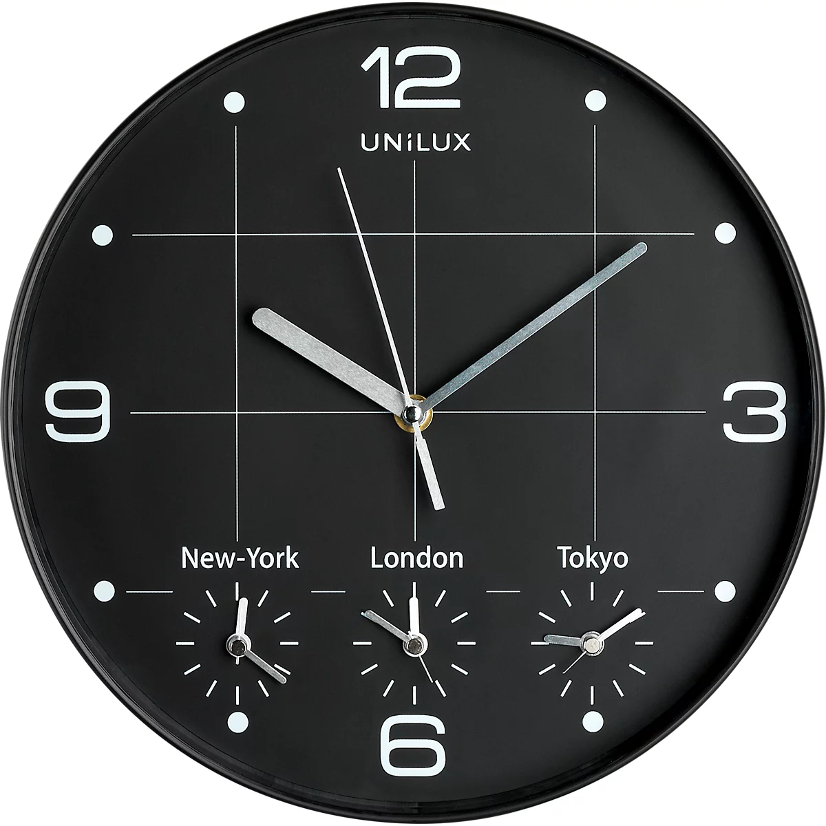 Schwarze Wanduhr mit silbernen Zeigern und drei kleinen Zifferblättern für verschiedene Zeitzonen. Die Uhr zeigt New York, London und Tokio an.