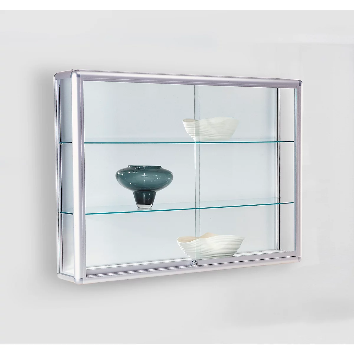 Wandvitrine BST, Brandschutzklasse B1, 3 Fächer, abschließbare Schiebetüren, B 1520 x T 300 x H 1020 mm, Aluminium/Glas/Metall, silber-weiß