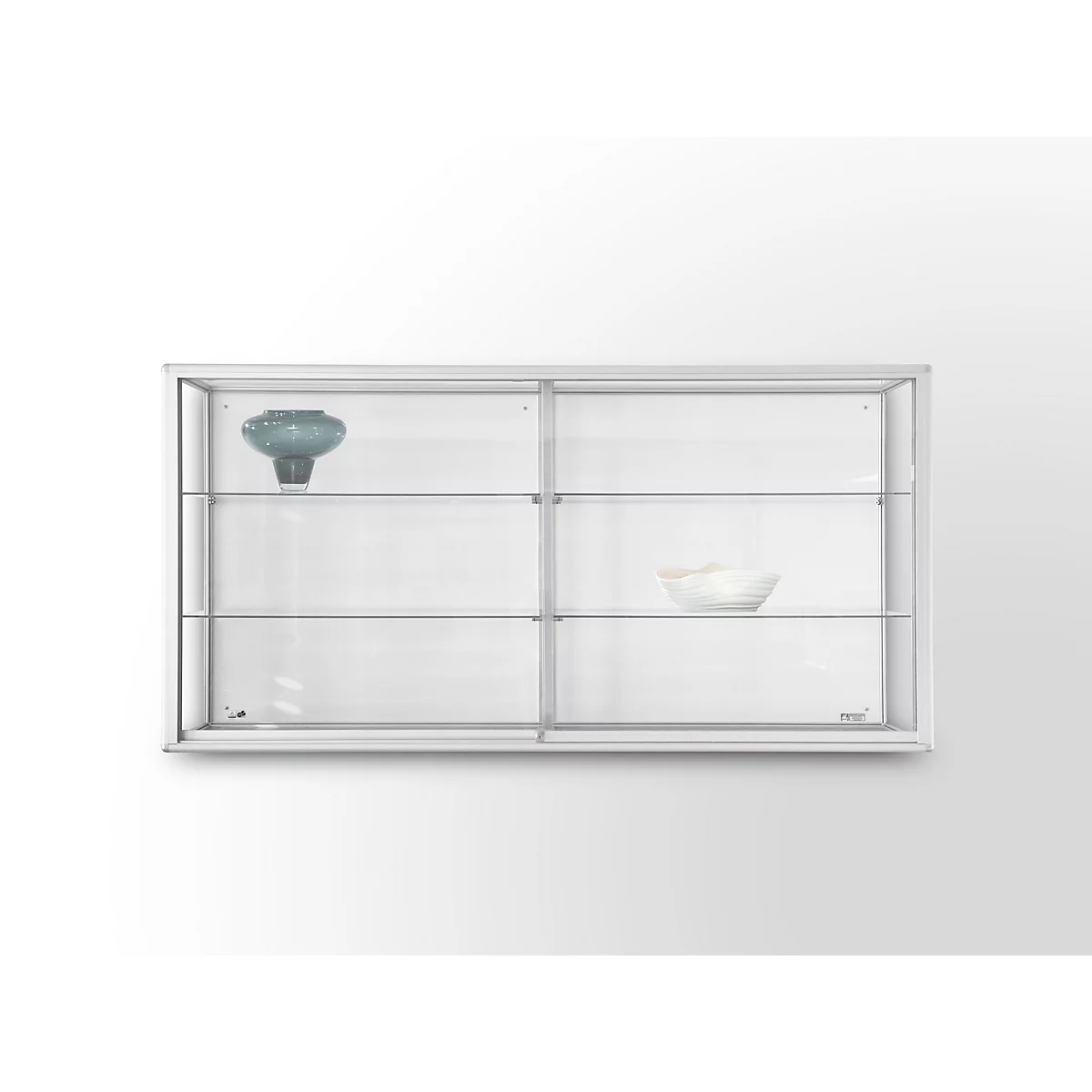Wandvitrine BST, Brandschutzklasse B1, 6 Fächer, abschließbare Schiebetüren, B 2020 x T 300 x H 1020 mm, Aluminium/Glas/Metall, silber-weiß