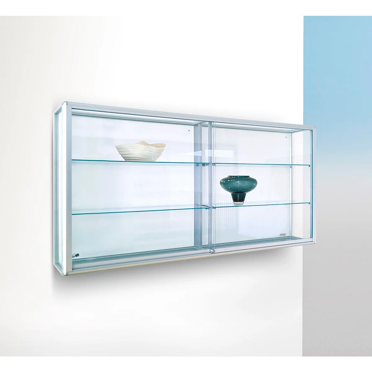 Wandvitrine BST, Brandschutzklasse B1, 6 Fächer, abschließbare Schiebetüren, B 2020 x T 300 x H 1020 mm, Aluminium/Glas/Metall, silber-weiß