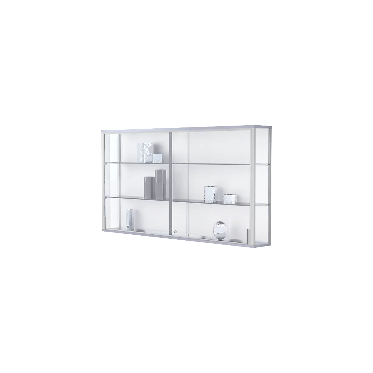 Wandvitrine, einhängend, 2 verstellbare Glasböden, abschließbare Schiebetüren, ESG-Sicherheitsglas, B 1500 x T 200 x H 800 mm