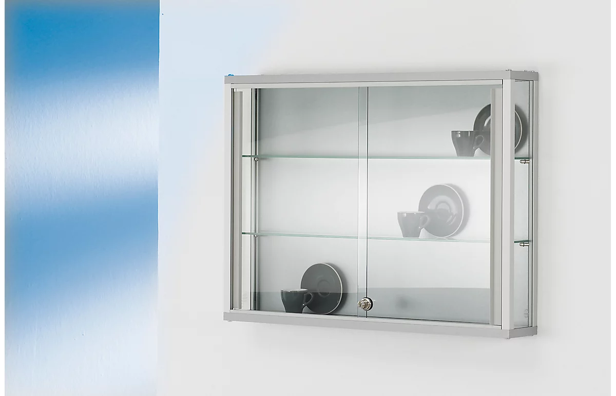 Wandvitrine, einhängend, 2 verstellbare Glasböden, abschließbare Schiebetüren, ESG-Sicherheitsglas, B 800 x T 120 x H 590 mm