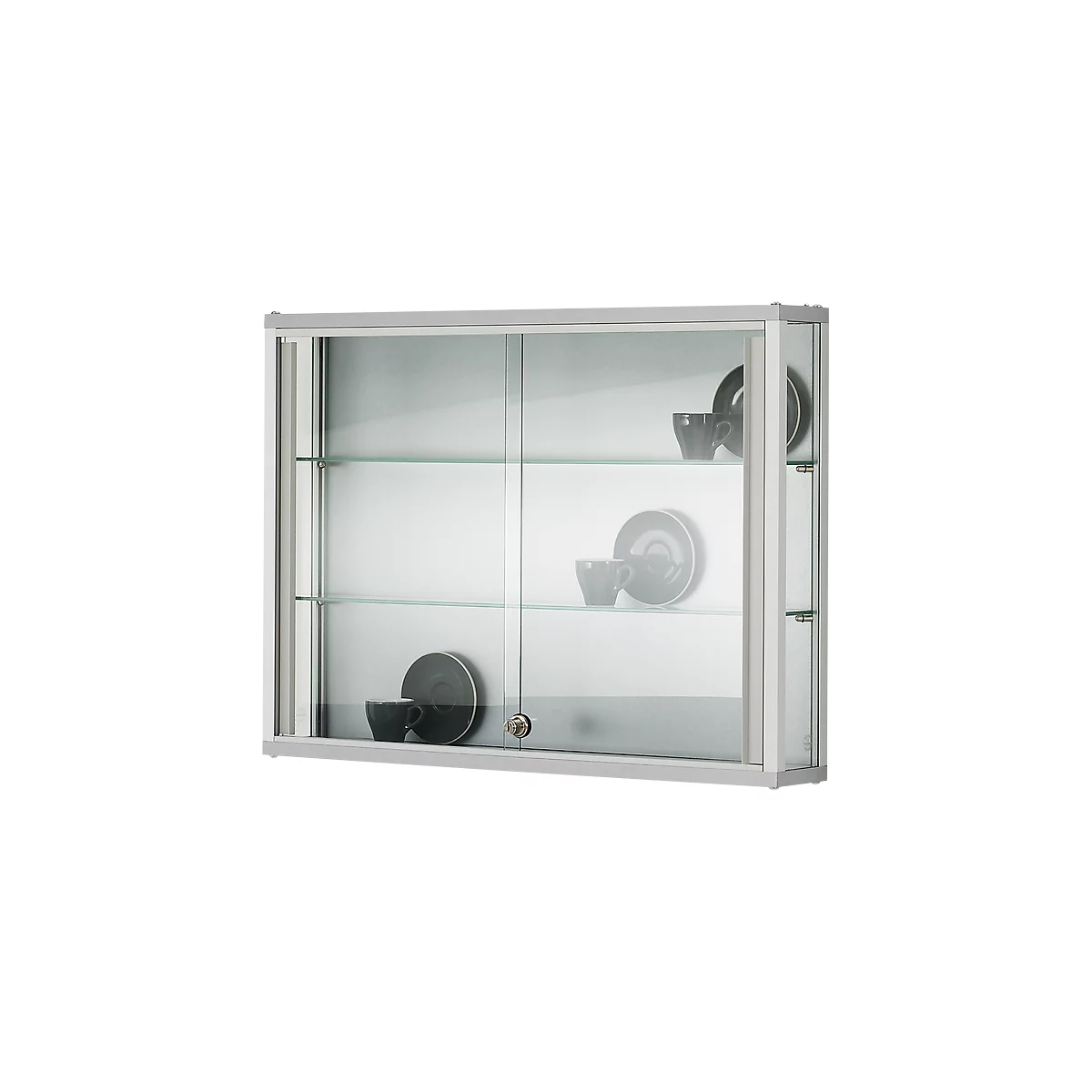 Wandvitrine, inhaakbaar, 2 verstelbare glazen leggers, afsluitbare schuifdeuren, gehard veiligheidsglas, B 1000 x D 200 x H 800 mm