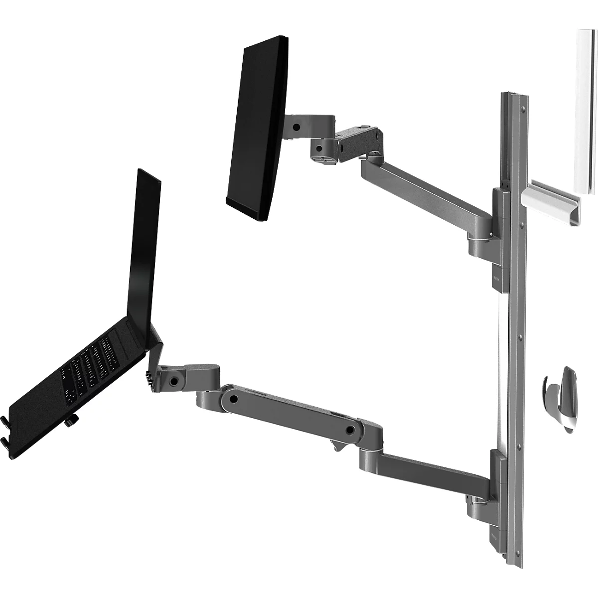 Grijze monitorarm aan de muur met een laptop en een monitor. De beweegbare armen zijn van metaal.