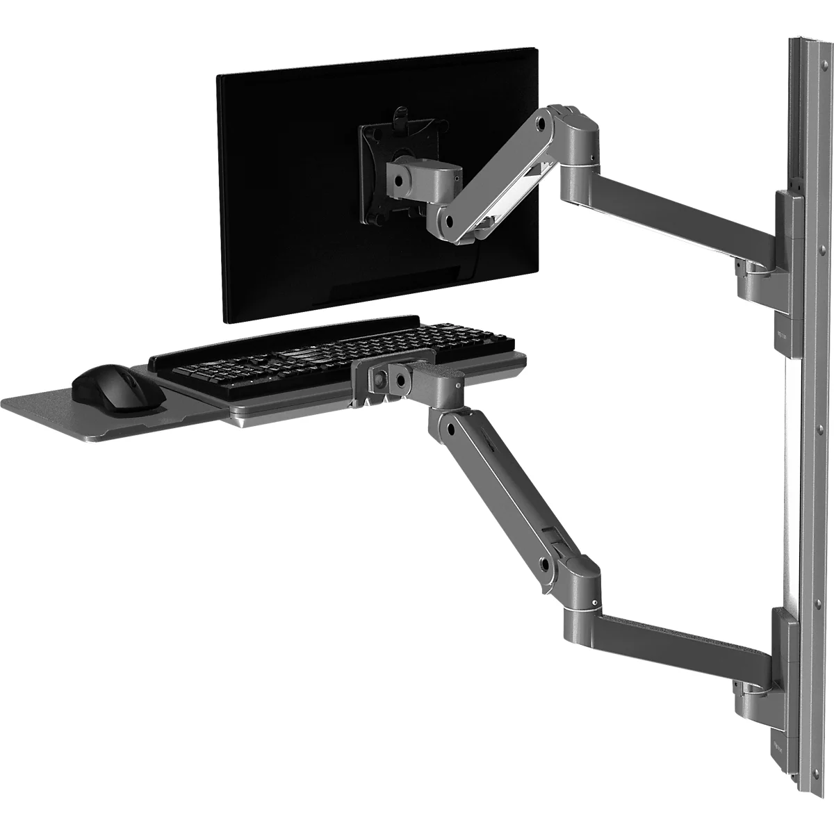 Grijze monitorbevestiging met uittrekbare toetsenbord- en muisbak, aan de muur bevestigd.