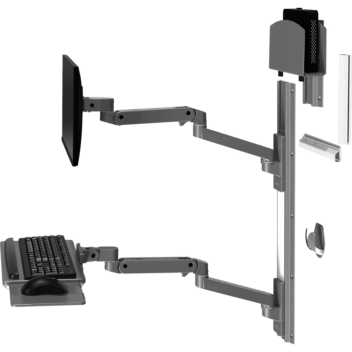 Grijze, aan de muur gemonteerde monitor- en toetsenbordhouder. De monitor en het toetsenbord zijn bevestigd met armsteunen.