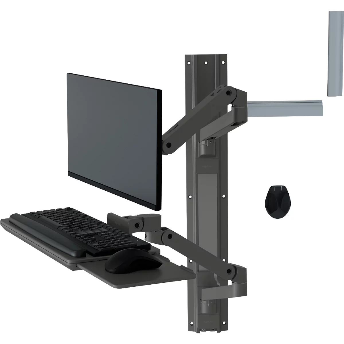 Grijze monitor, toetsenbord en muis op een wandbevestiging. Armen zijn verstelbaar. Donkere achtergrond.