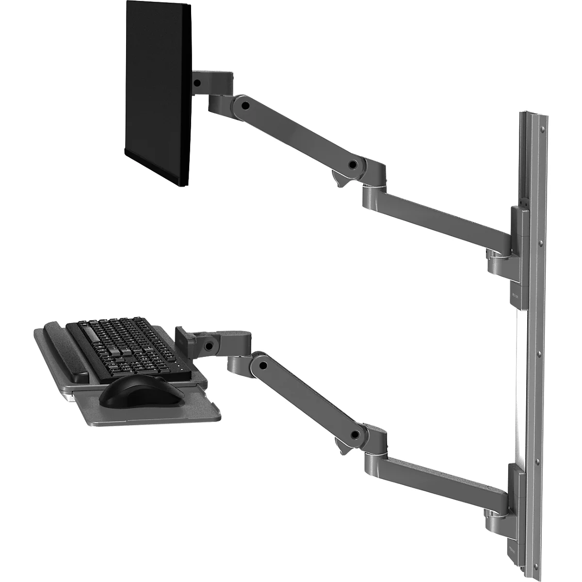 Grijze wandbevestiging voor monitor en toetsenbord met meerdere gewrichten om de positie aan te passen.