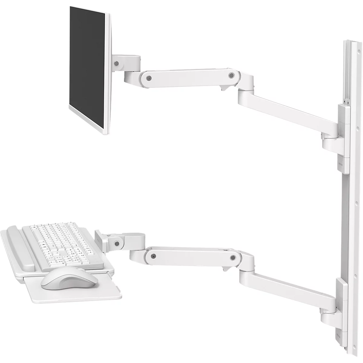 Witte monitor- en toetsenbordhouder. De monitor en het toetsenbord zijn bevestigd aan beweegbare armen die op een muur zijn gemonteerd.