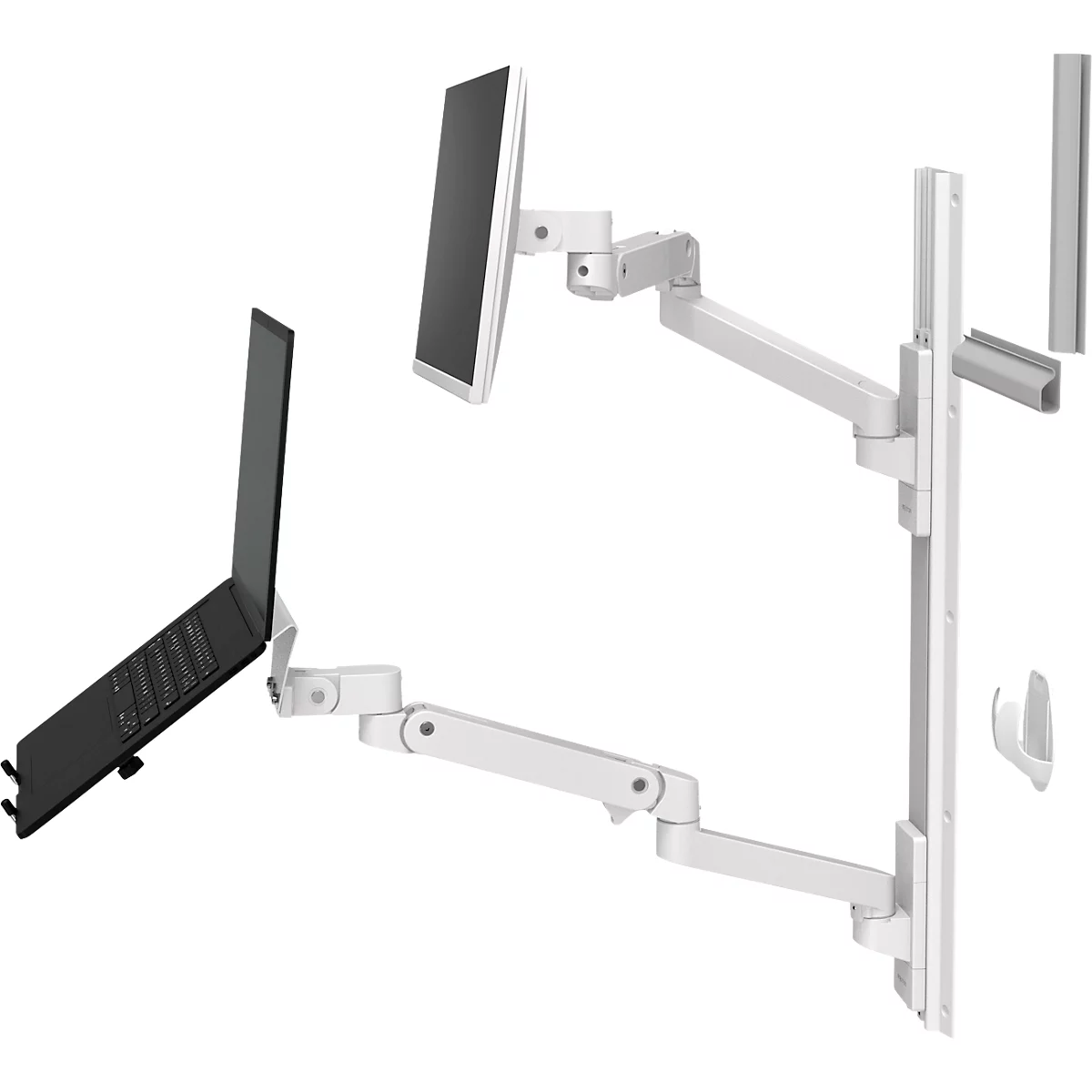 Witte monitor- en laptophouder met meerdere scharnierende armen. De laptop is open.