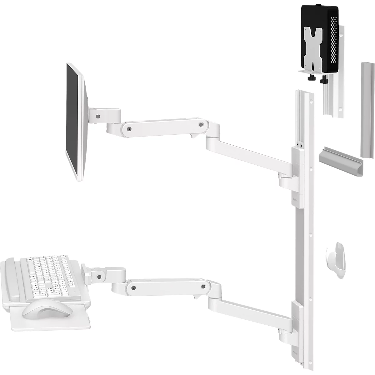 Witte, in hoogte verstelbare bureau-opstelling met monitor, toetsenbord en muis, gemonteerd op een muur.