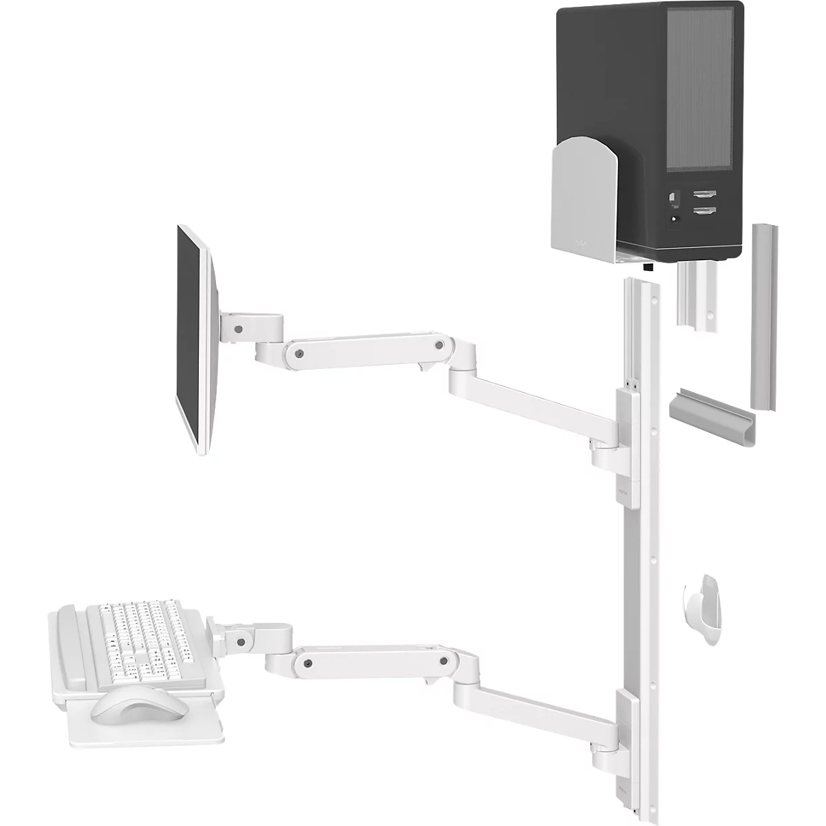 Wit ergonomisch systeem voor scherm, toetsenbord en pc, gemonteerd op een verticale rail.