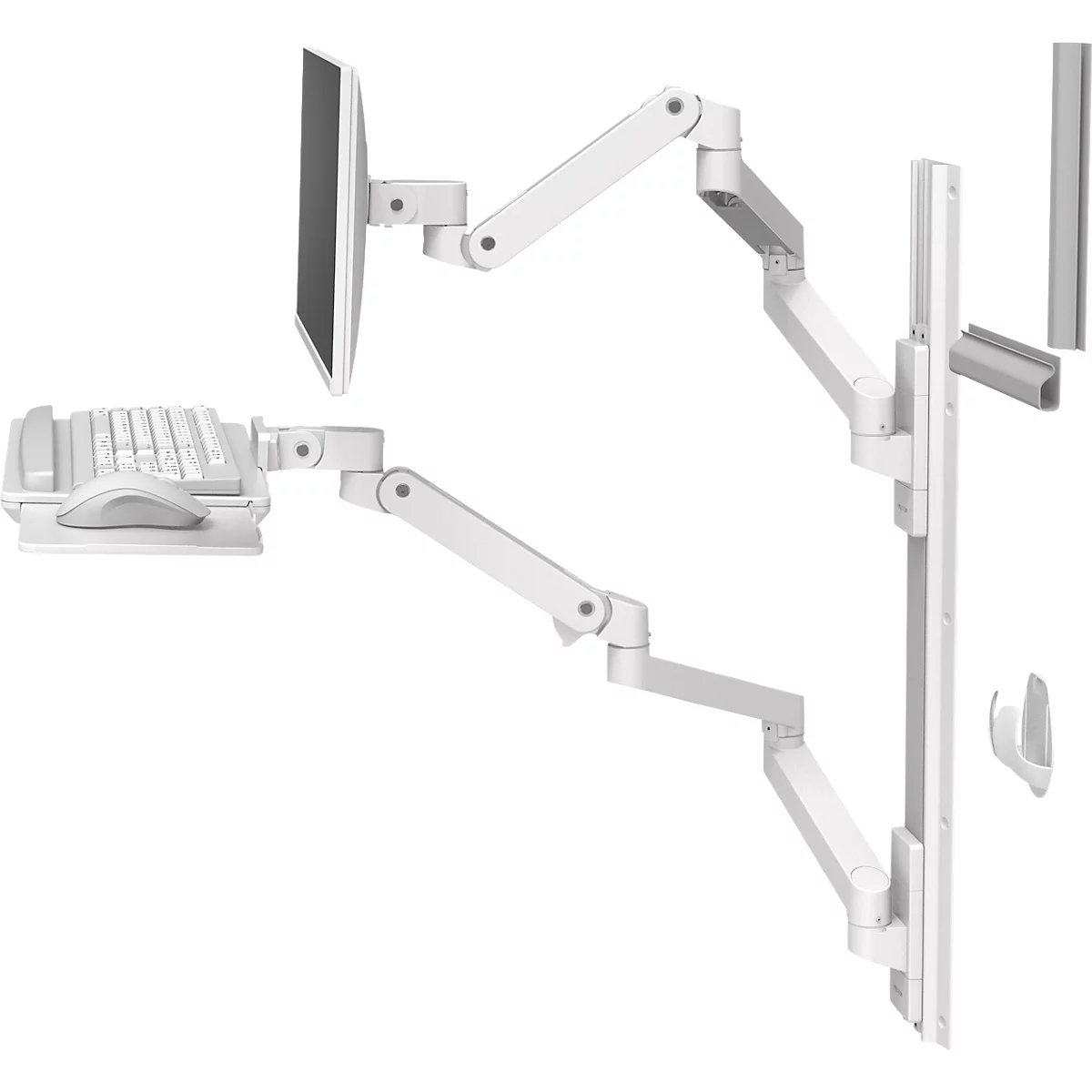 Wit muurbevestigingssysteem met monitor, toetsenbord, muis en meerdere scharnierende armen.