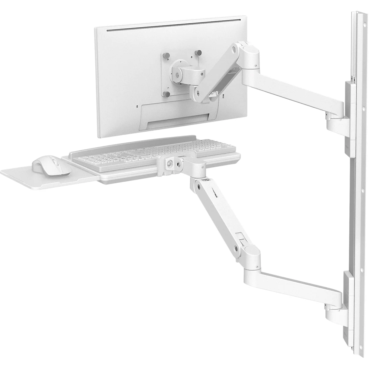 Witte muurbeugel met monitor, toetsenbord, muis. De monitor en het toetsenbord zijn bevestigd aan verstelbare armen.