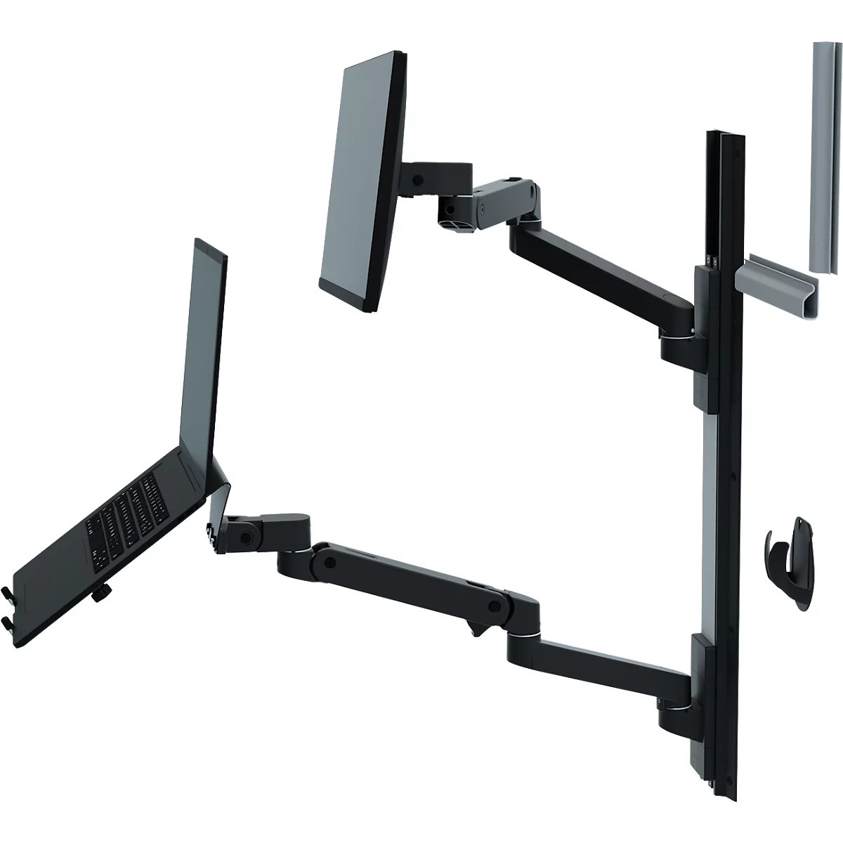 Zwarte monitorbevestiging met een laptop en een monitor aan een muur bevestigd.