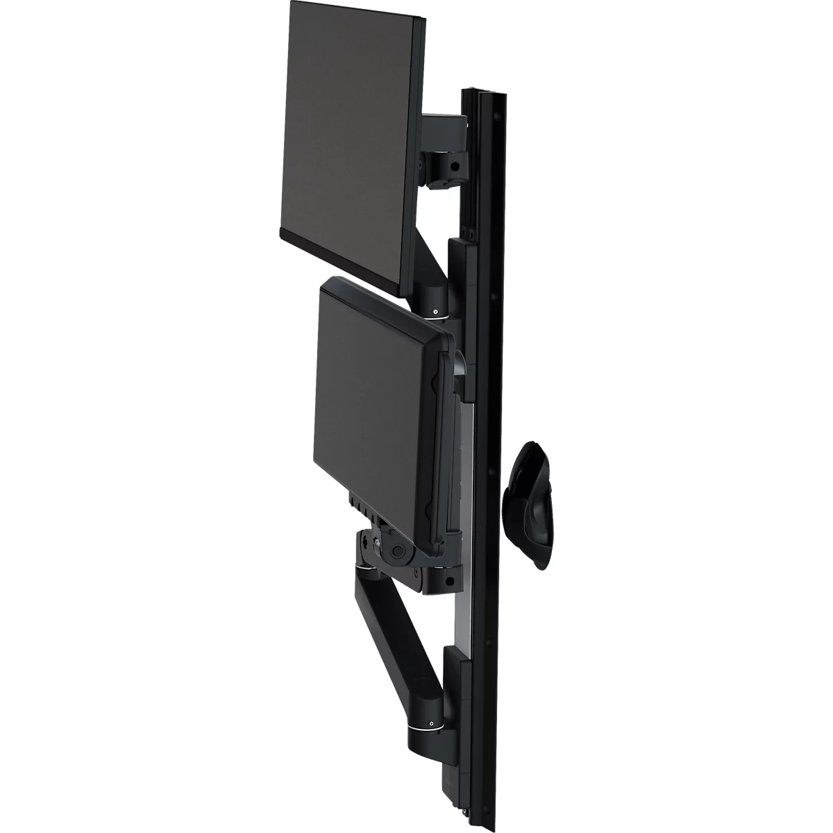 Zwarte dubbele monitorbevestiging, aan de muur gemonteerd, met verstelbare armen.