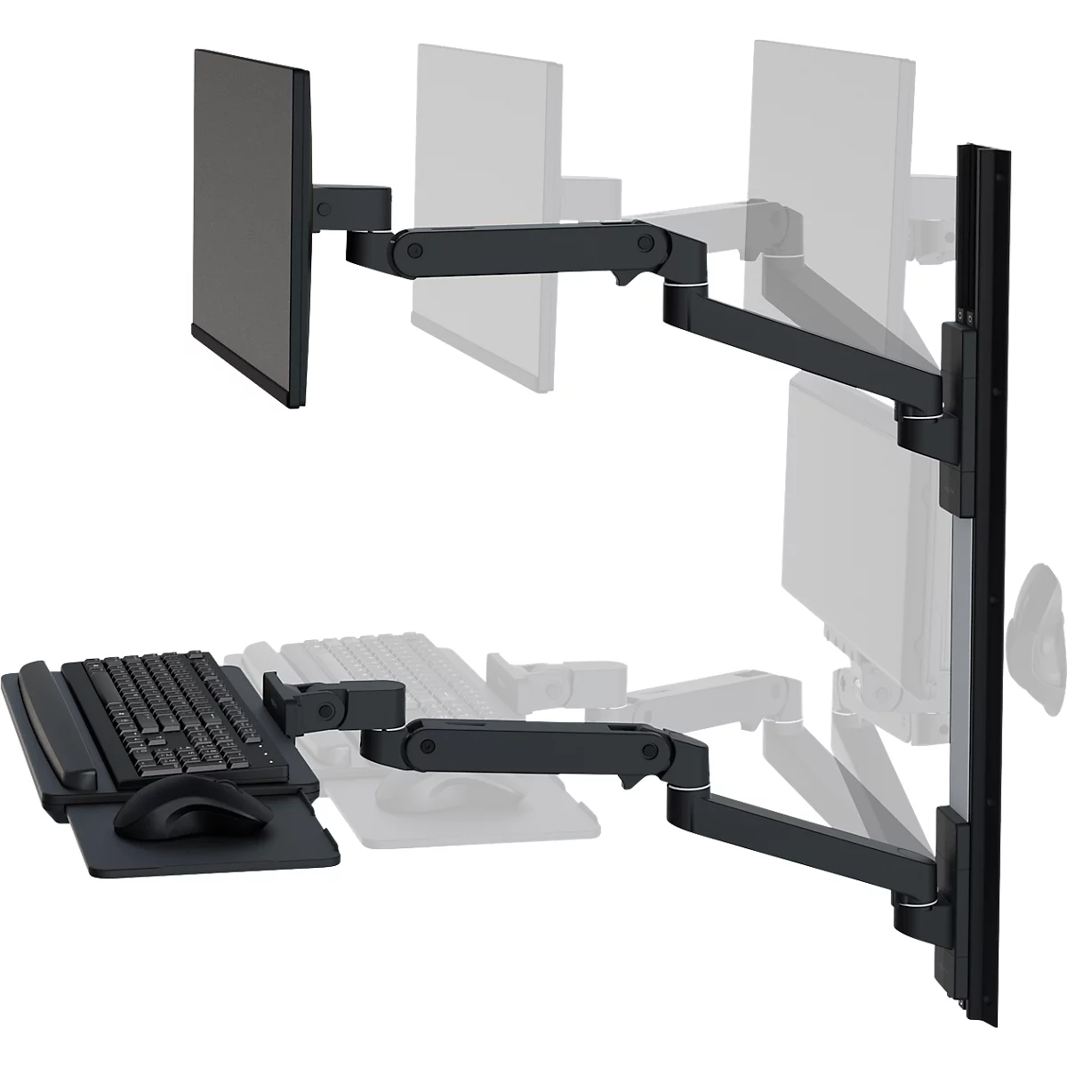Zwarte monitorbevestiging met toetsenbord en muis. De monitor is bevestigd aan een arm die aan een verticale rail is bevestigd.