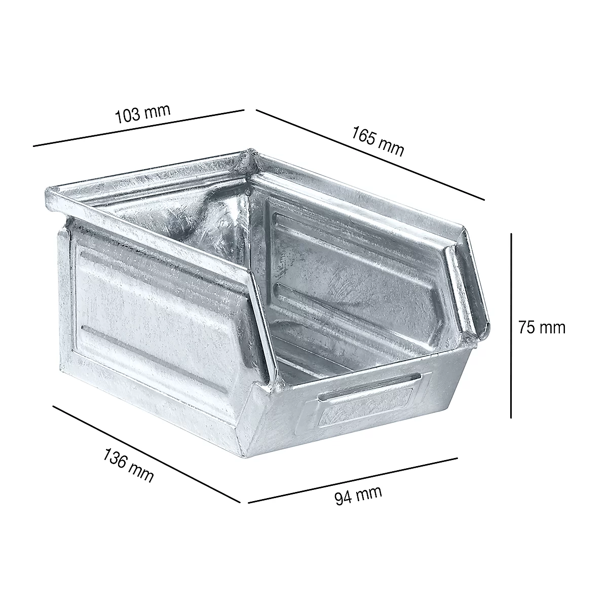 Metal storage box with dimensions: 103 mm, 165 mm, 75 mm, 136 mm and 94 mm. The box is gray and has a bevelled edge.