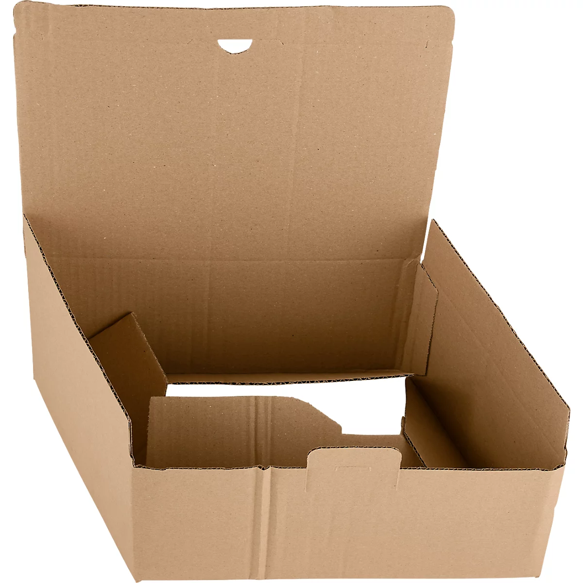 Geöffnete braune Kartonverpackung mit Griffloch.