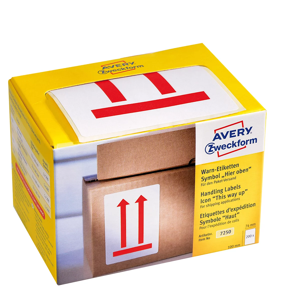 Warnaufkleber Avery Zweckform „Oben“, hohe Leuchtkraft, rechteckig, B 74 x H 100 mm, 1 Rolle mit 200 Stück
