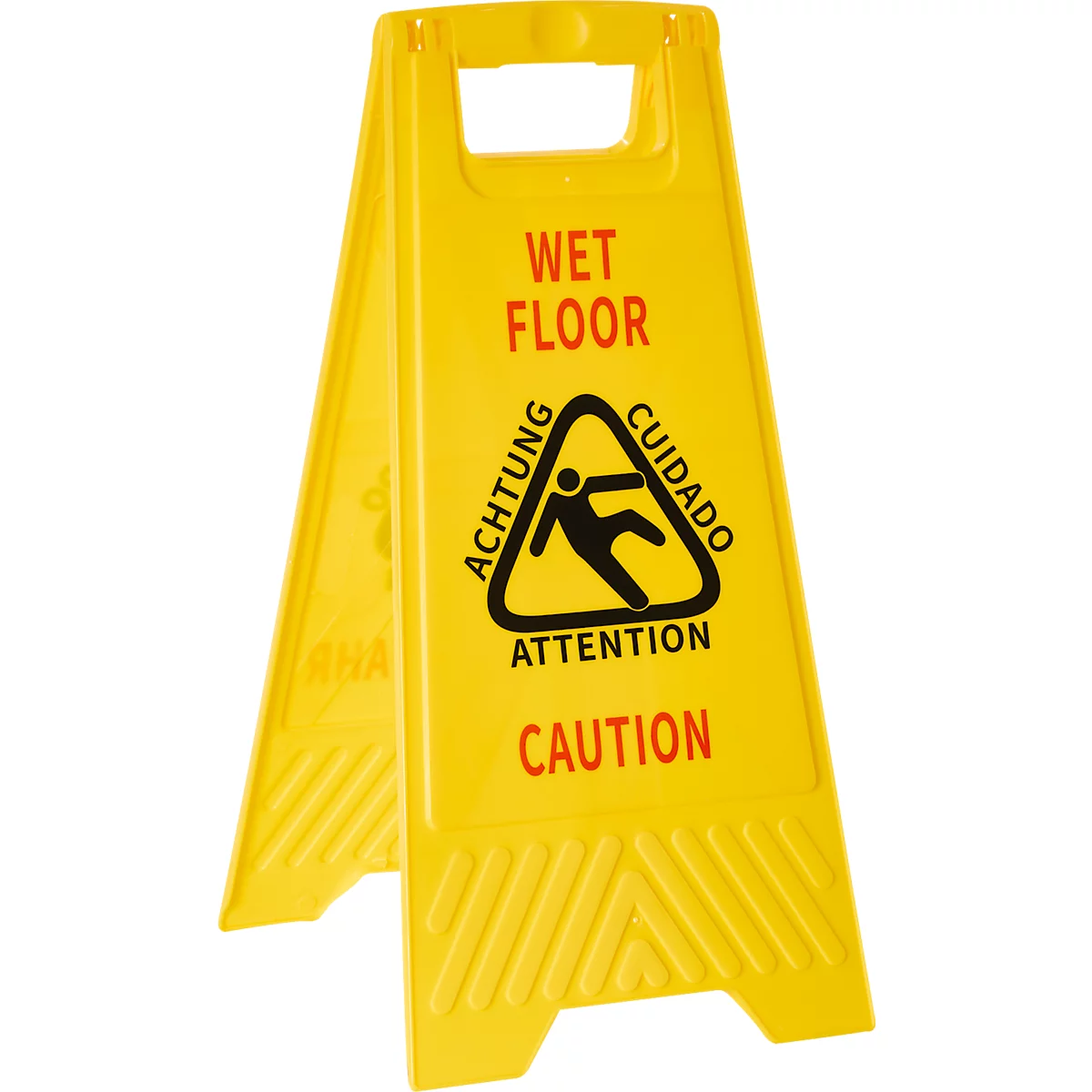 Gelbes Warnschild mit Aufschrift "WET FLOOR" und einem Symbol für Rutschgefahr. In mehreren Sprachen beschriftet.