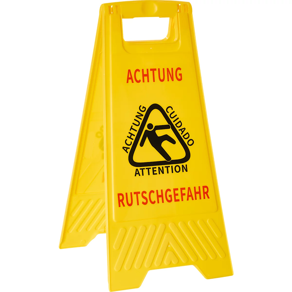 Gelbes Warnschild mit Aufschrift "Achtung Rutschgefahr". Dreieck mit stürzender Person.