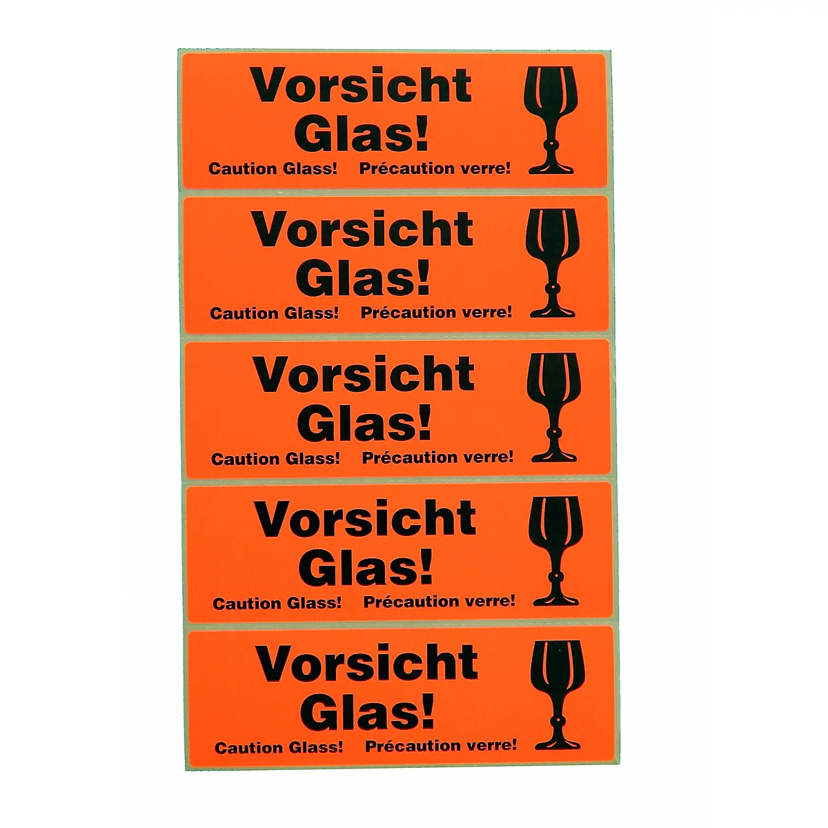 Five orange stickers with "Caution Glass!". Black wine glass symbol on the right, with English and French text below.