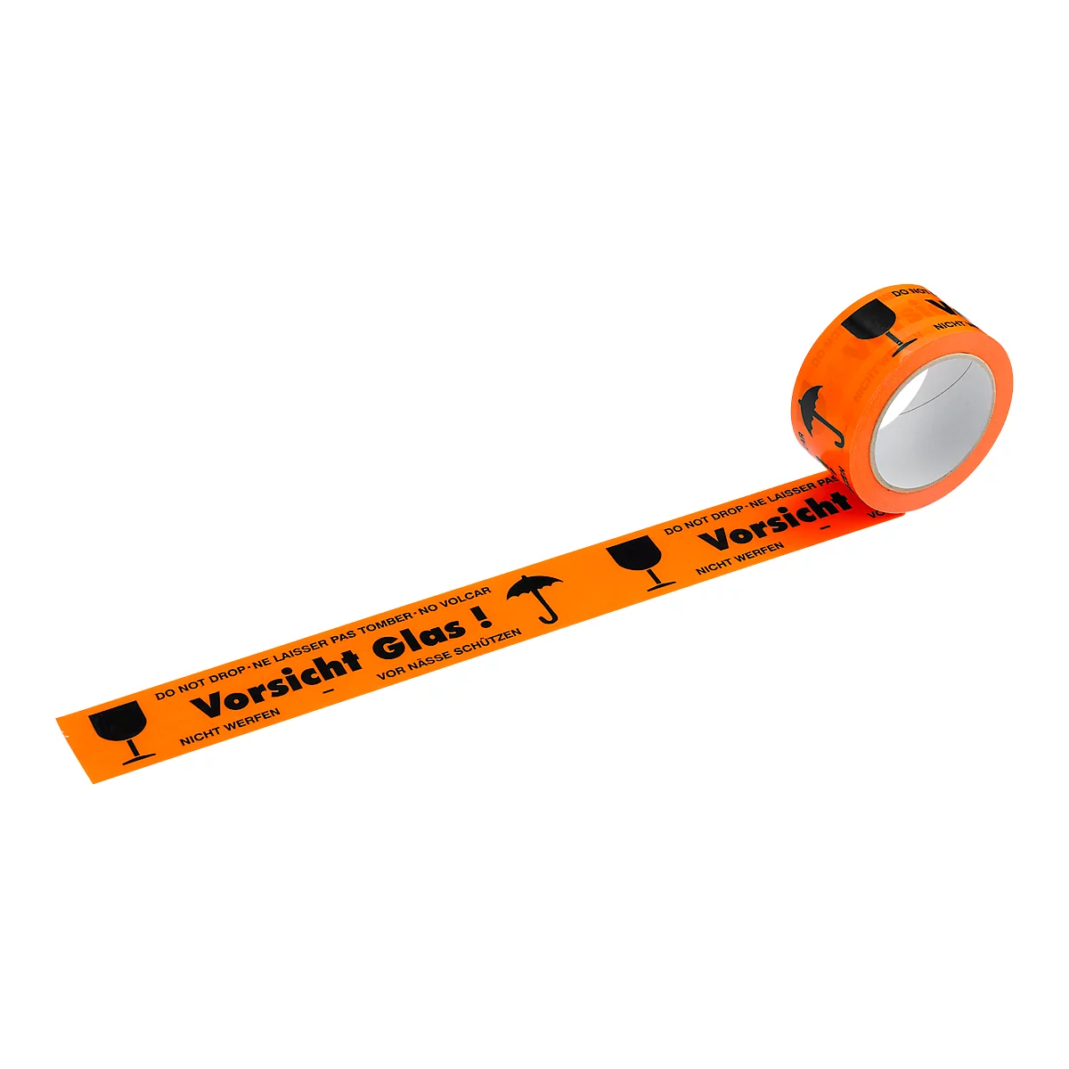 Orange tape with warnings: "Handle with care - Fragile" with glass and umbrella symbols.
