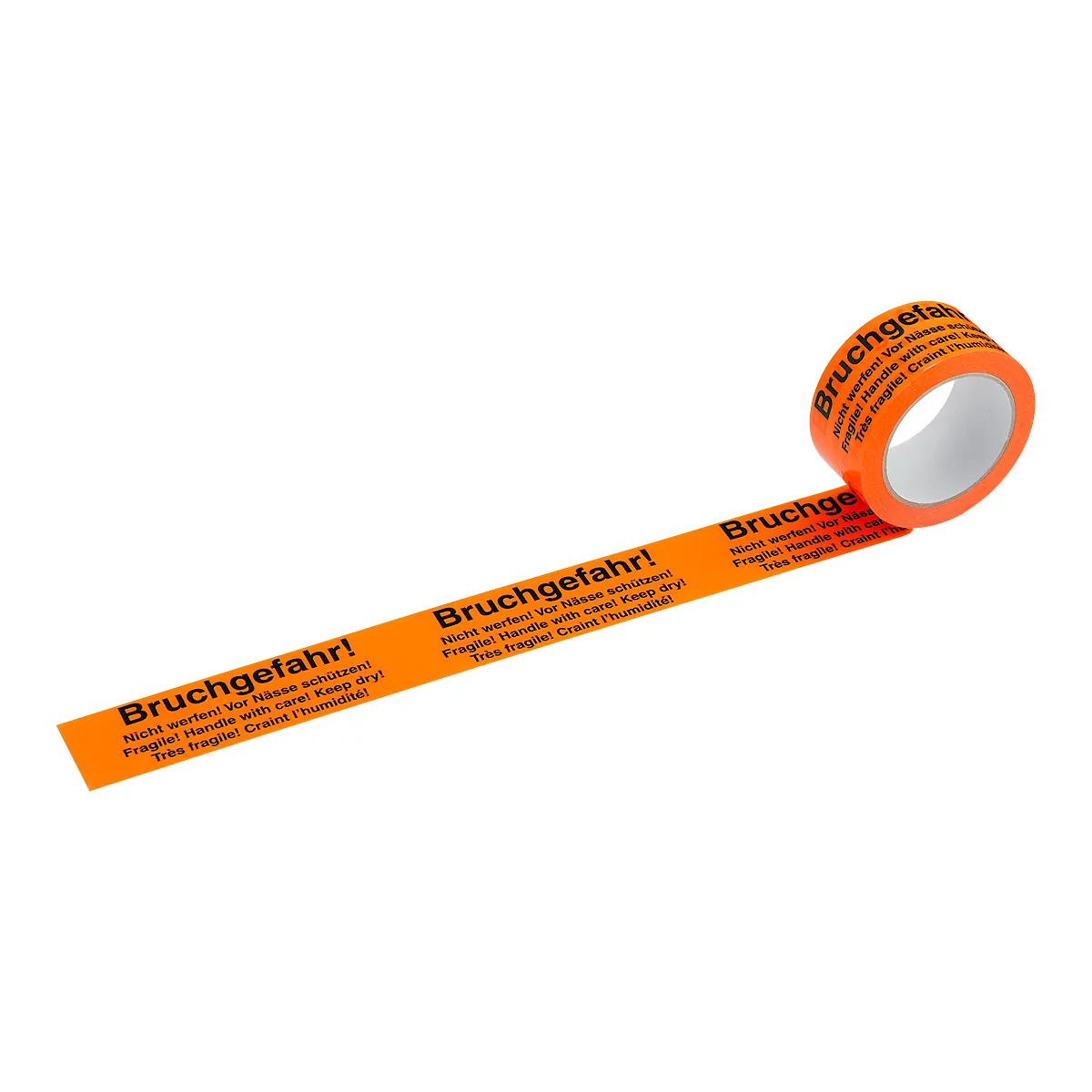 Orange tape with the inscription "Fragile!". Text in German and French. For fragile goods.